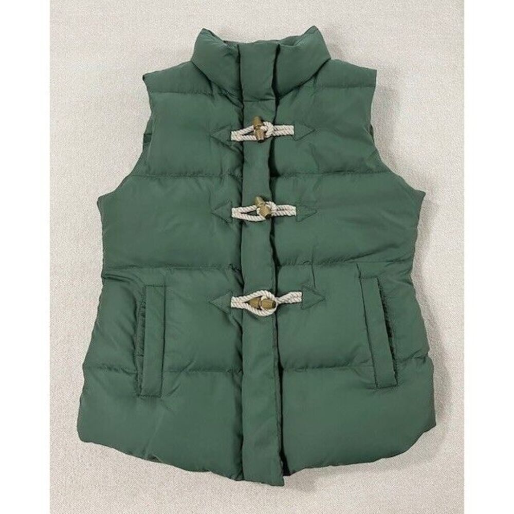 J Crew Puffer Toggle Vest jacket Size XS Military Green Down Quilted EUC